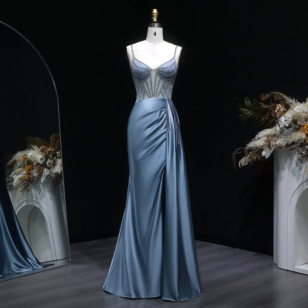 Beaded V-neck satin mermaid gown with structured bodice and fitted skirt