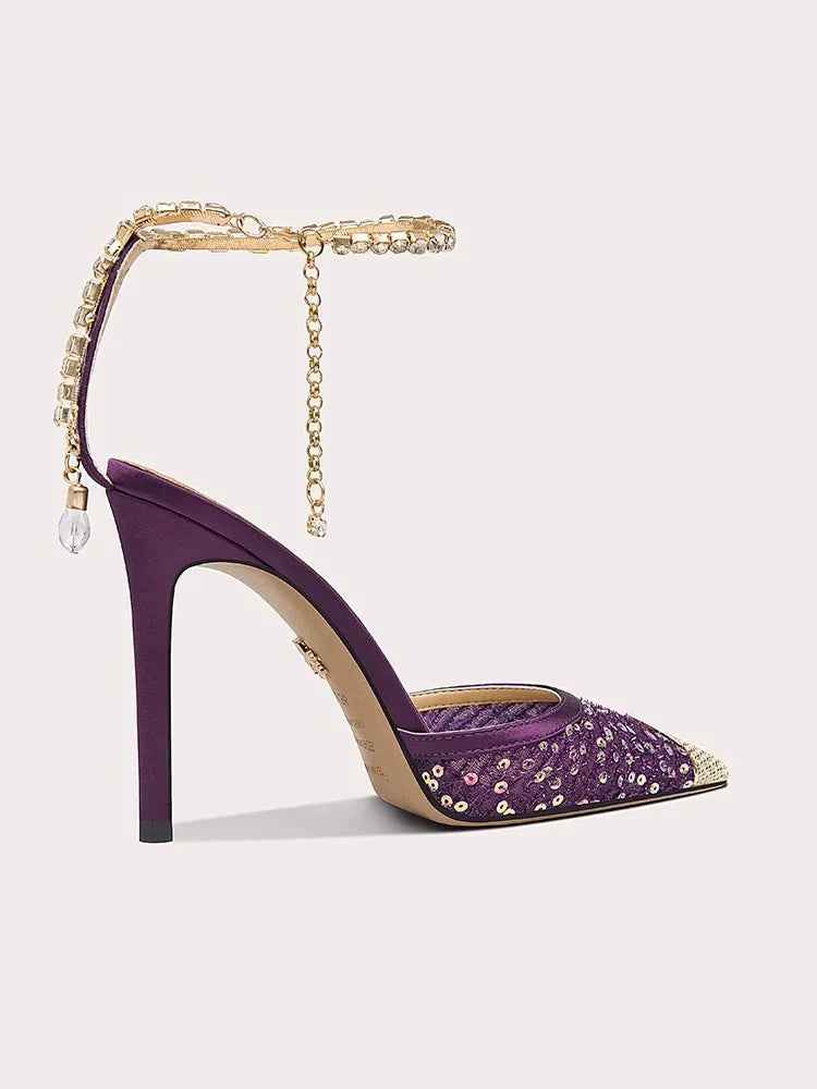 Stiletto party sandals in purple with shining ankle chain and crystals