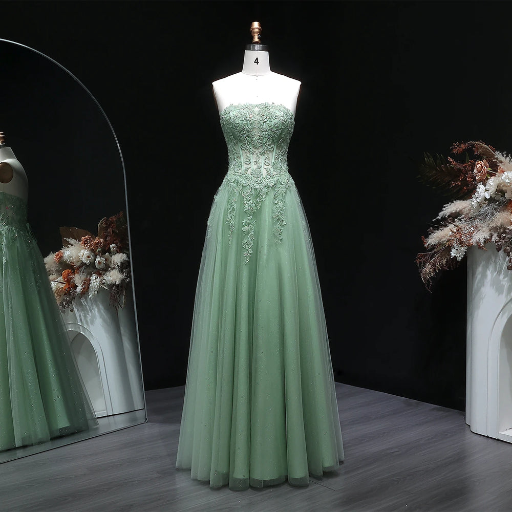 Strapless tulle A-line gown with appliqué bodice and floor-length skirt