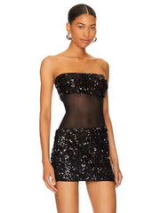 A close-up shot of the shimmering sequins and the sleek fabric.