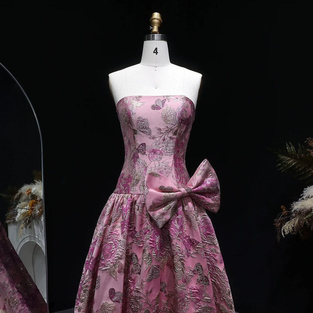 Floor-length embroidered satin evening gown