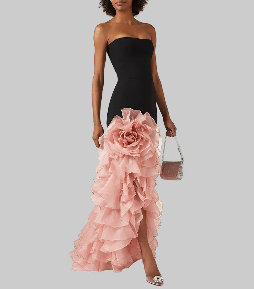 Strapless floor-length gown with sculpted bodice and tiered ruffle detail