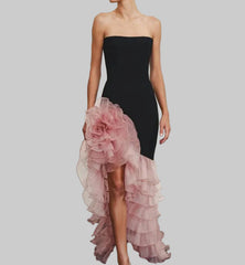 Floor-length strapless dress with statement ruffles and refined silhouette