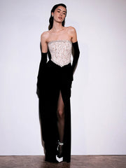 Strapless evening dress with lace corset bodice and ankle-length skirt