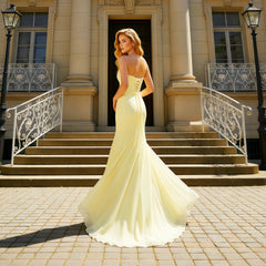 Pleated bodice detail on a strapless satin formal gown with built-in bra support