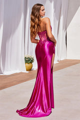 Formal evening dress in fuchsia satin with high slit