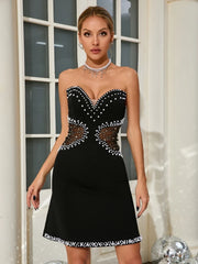 Strapless pearl beaded mini dress in black styled for club parties