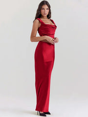 Backless red satin crop top with high waist skirt