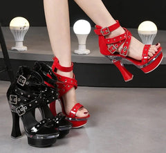 Black and Red buckle strap platform heels with metallic details