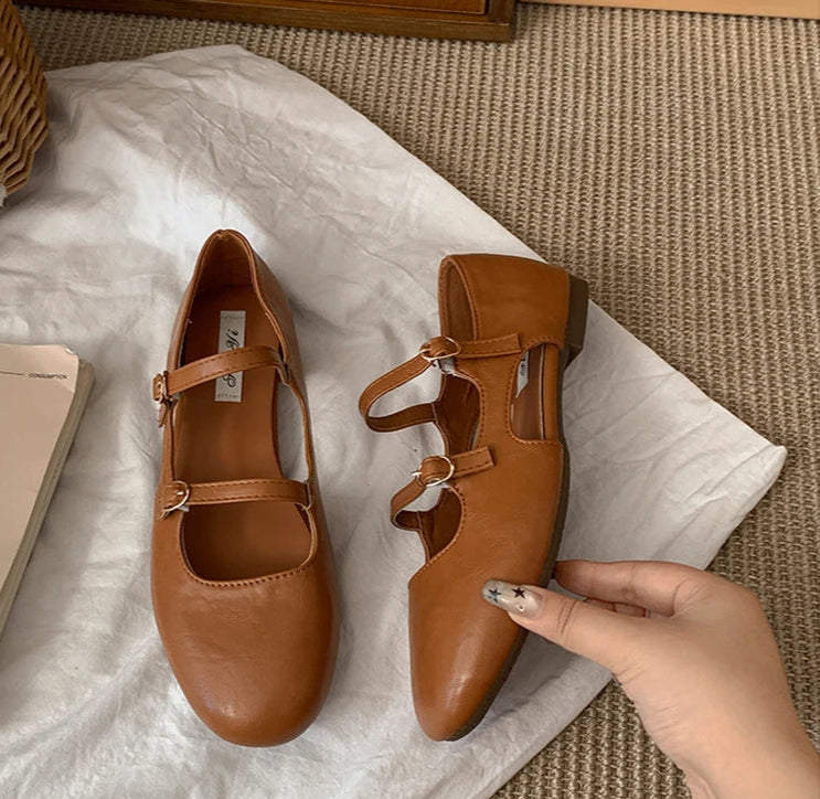 Brown Mary Jane flats with soft PU leather design