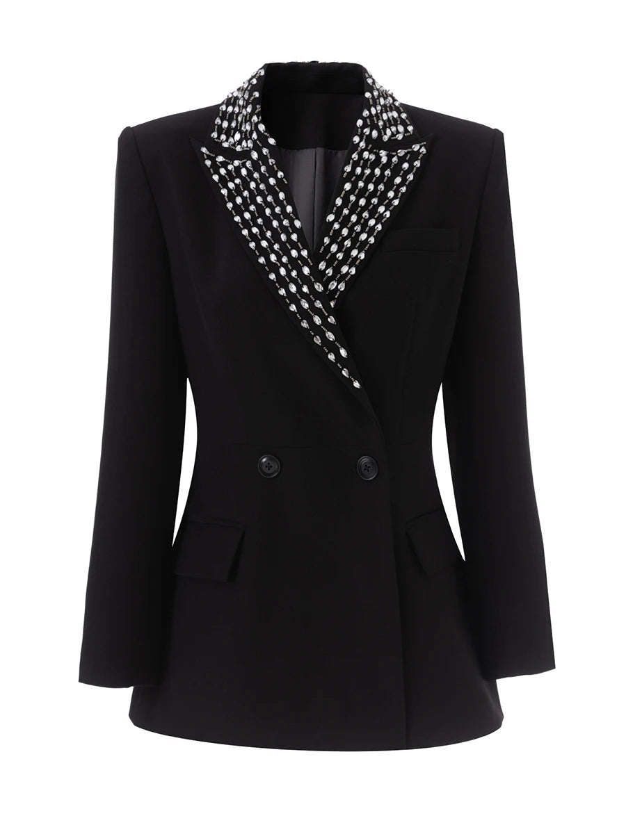 Structured black blazer styled with patterned collar