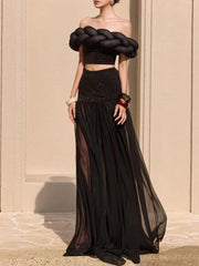 A stylish two-piece set with a slash neck top.