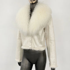 Light-toned suede fur jacket shown front-facing on a mannequin, highlighting the turn-down collar and clean tailored shape