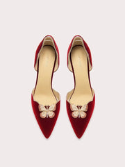 Pointed suede sandals with rhinestone butterfly detail