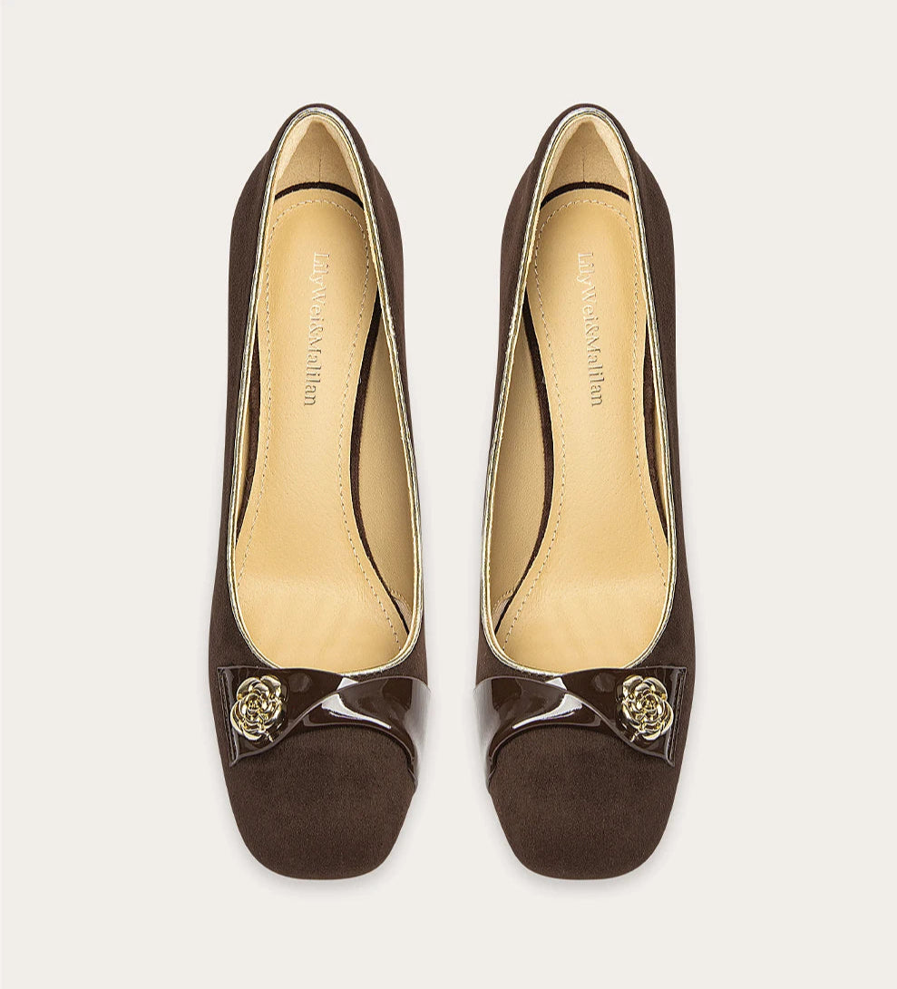 Suede rhinestone square-toe pumps with thin high heel