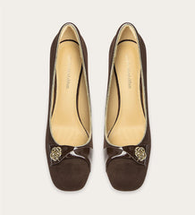 Suede rhinestone square-toe pumps with thin high heel