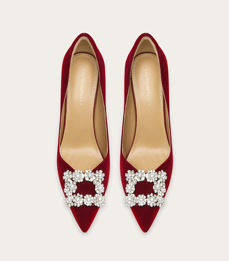 Suede rhinestone wedding pumps with square button detail