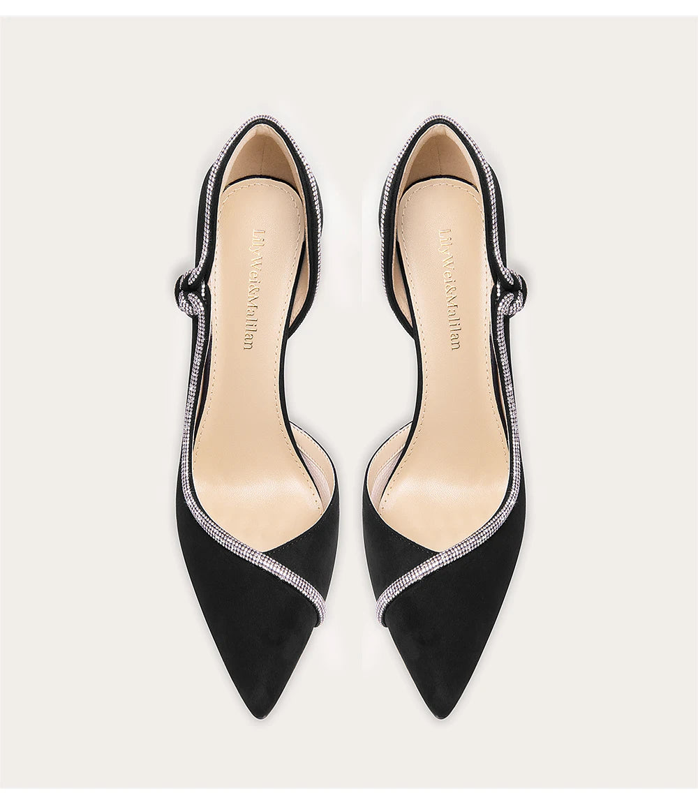 Suede rhinestone strap stiletto pumps for women