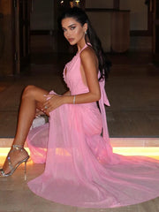 Halter occasion maxi dress with gathered texture and flowing hem