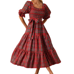 Red and blue plaid vintage-style midi dress with puff sleeves