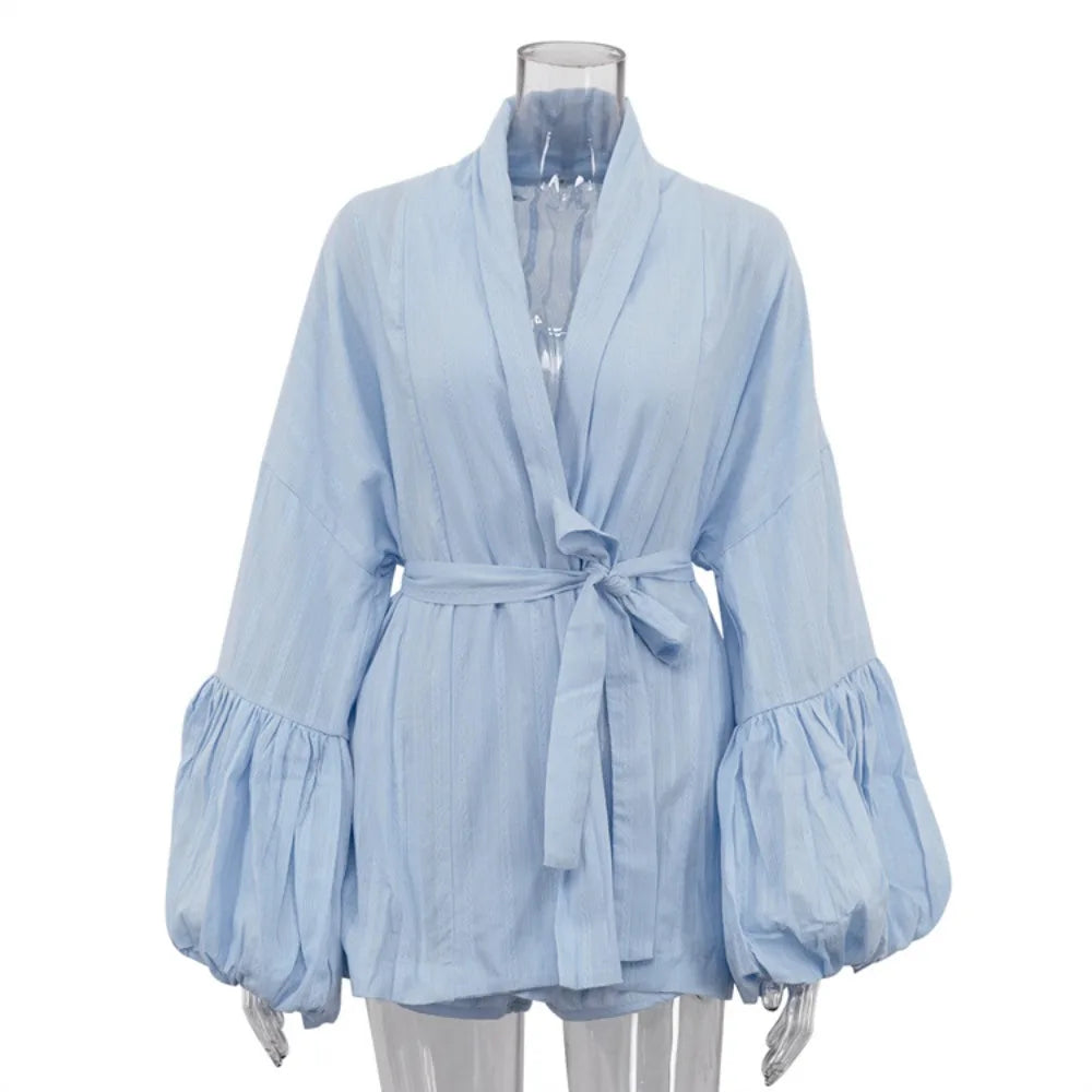 Lightweight striped matching set with lace-up cardigan