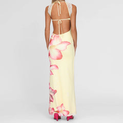 A back view of the sweetheart-neck floral dress, showing the tie detail.