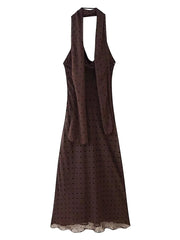 Cowl neck swinging collar dress in brown dot print, perfect for seasonal layering