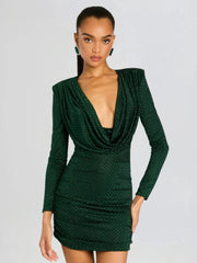 Swinging neck long sleeve bodycon gown with sparkly rhinestones