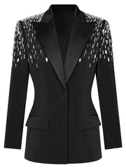 Structured blazer shown straight on, displaying its fitted waist, long sleeves, and refined proportions