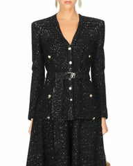 V-neck knit coat shown from the front, featuring a softly shaped waist and long sleeves with a tailored finish.