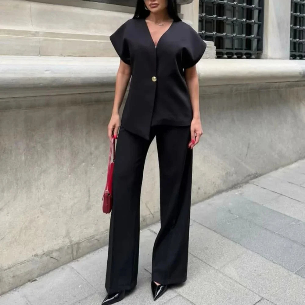 Smart casual tailored look featuring sleeveless top and ankle trousers