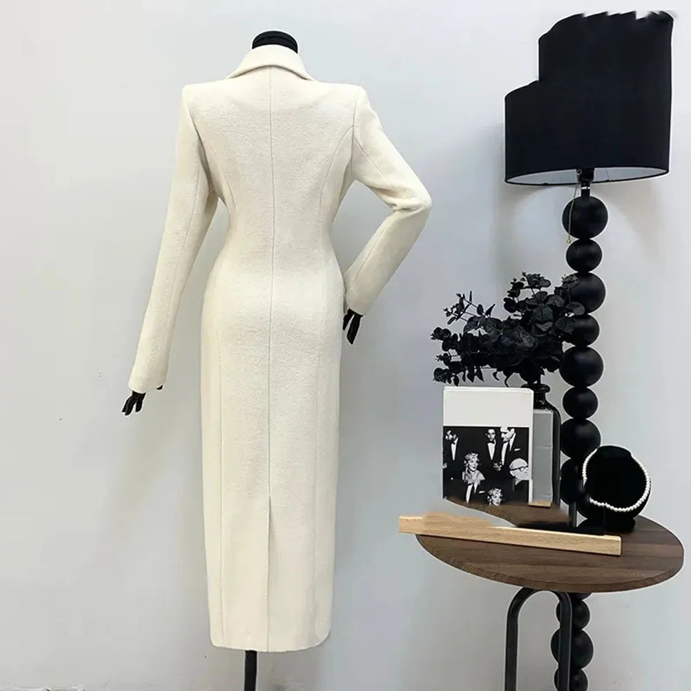 Double-breasted full-length women’s winter coat