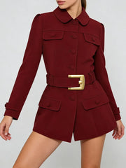 Slim tailored blazer dress featuring single-breasted button front