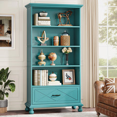 Tall blue bookcase with six shelves and storage drawer front view

