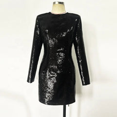 Fitted sequin dress with long sleeves and refined minimalist neckline