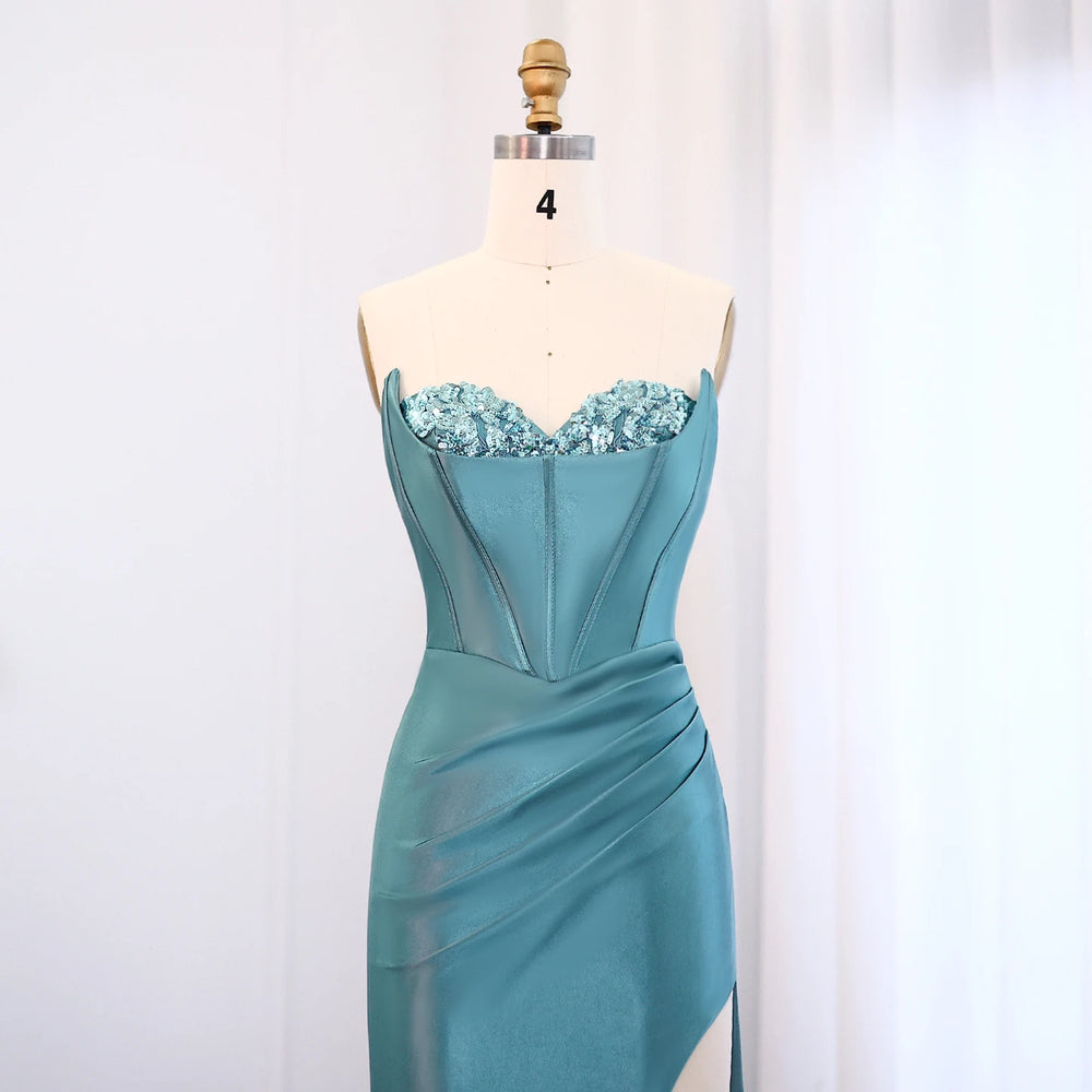 Draped satin mermaid evening gown with fitted bodice