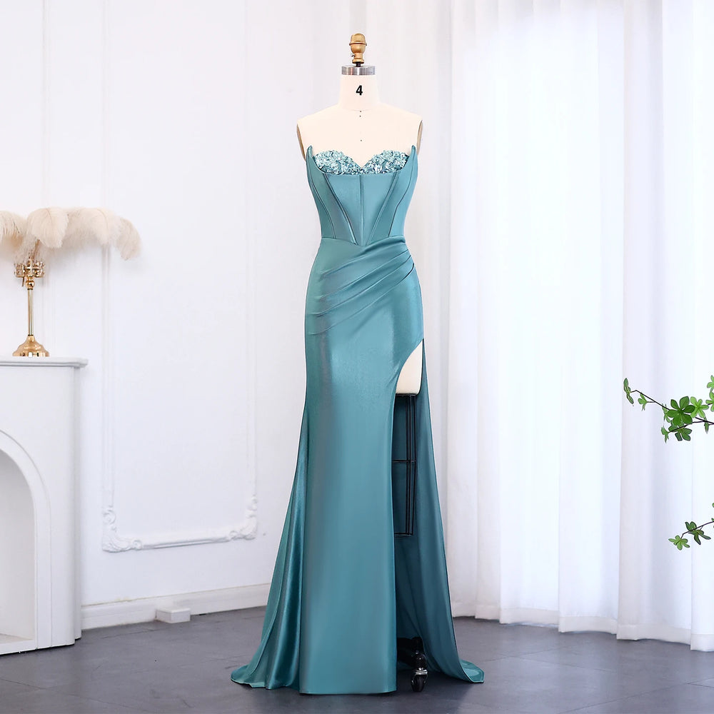 Sweetheart satin mermaid prom gown with high slit on mannequin