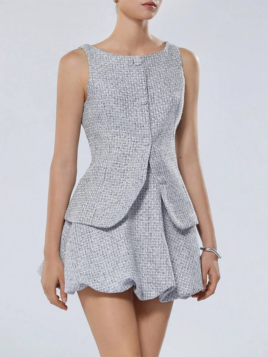 Textured tweed mini skirt set for women with sleeveless top