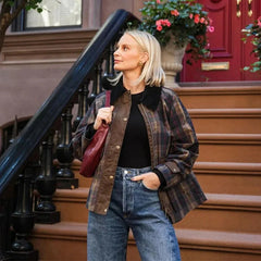 Thick plaid zipper jacket styled for cozy autumn indoor walks