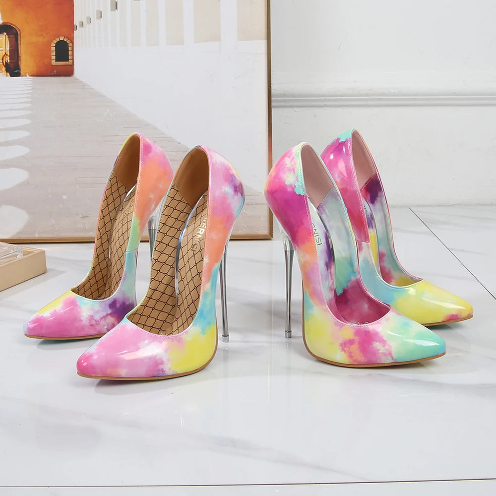 Tie-dye sole 16cm stiletto heels styled for bold outfits
