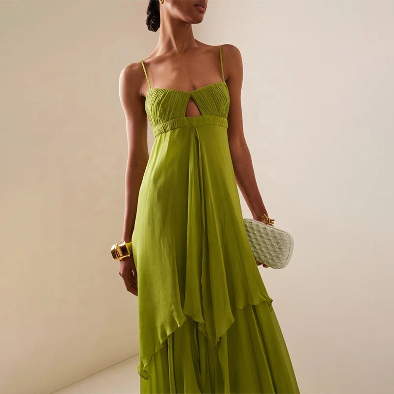 Tiered maxi dress with asymmetrical hem and lightweight movement