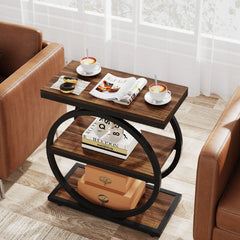 “Top-down view of vintage industrial end table with wood finish”