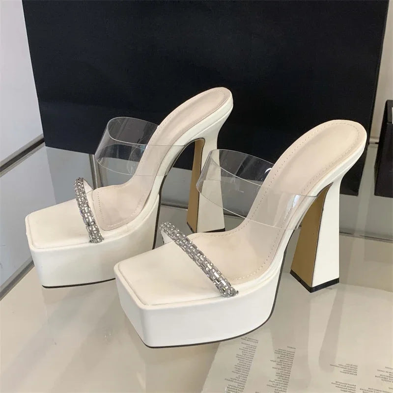 Transparent square toe heels with crystal straps