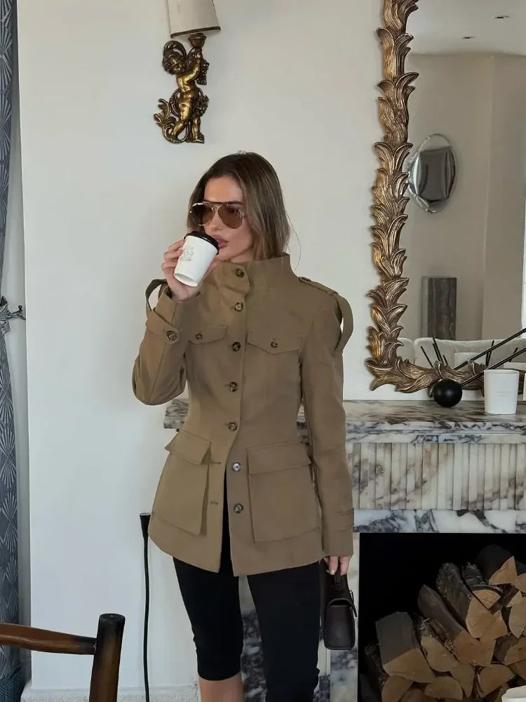 Turn-down collar detail on a structured trench jacket