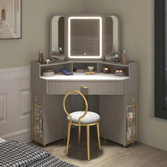 Triangle vanity with side shelves and organized makeup storage