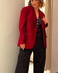 Velvet-textured single-button blazer with hip-length fit