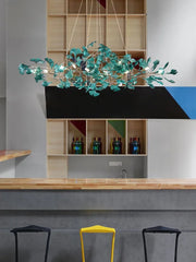 Turquoise crystal statement chandelier in a living room