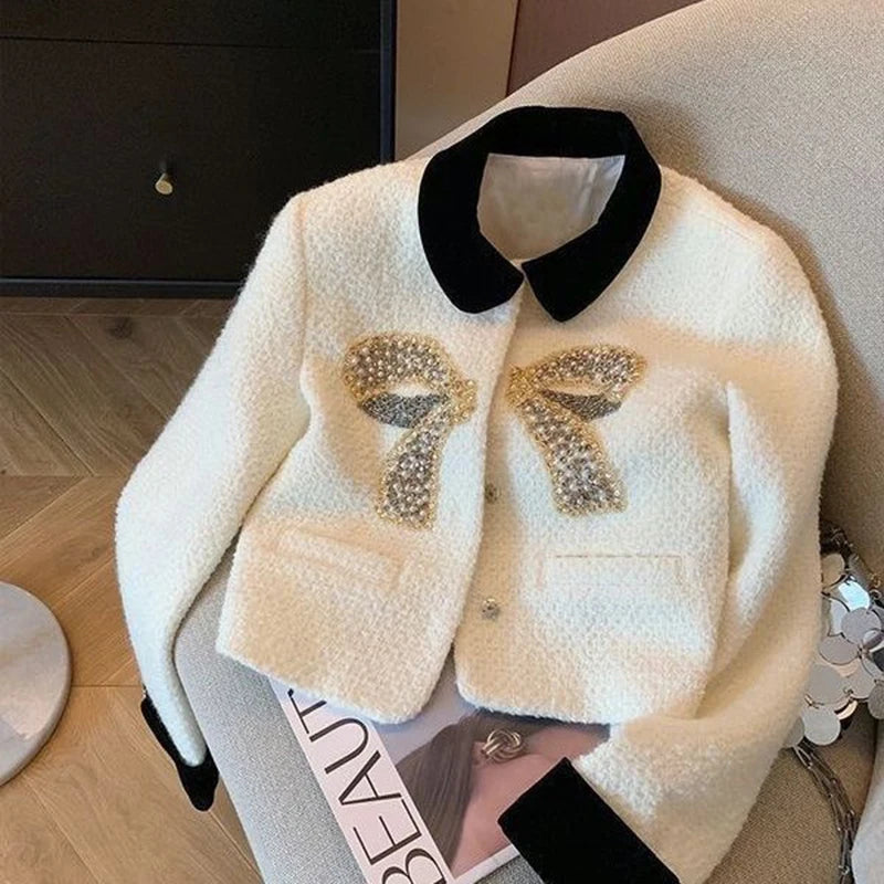 Women’s tweed jacket with bow patchwork and contrast collar