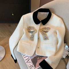Women’s tweed jacket with bow patchwork and contrast collar