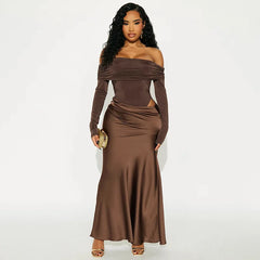 Long sleeve brown dress set styled with clutch